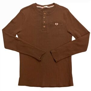 H2H Mens Brown Waffle Knit Henley Shirt Long Sleeve Button Size M